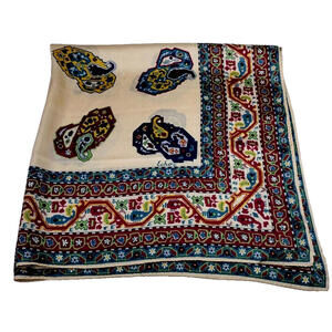 Echo Scarf Blue Paisley 70s Chinon Silk RARE DESIGN Vtg Japan Hand Rolled Edges